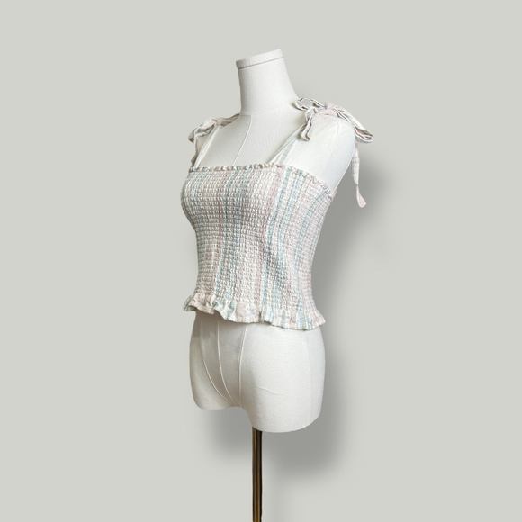 American Eagle Top Women Size Small Multicolored Smock Tie Strap Ruffle Hem - Picture 4 of 13